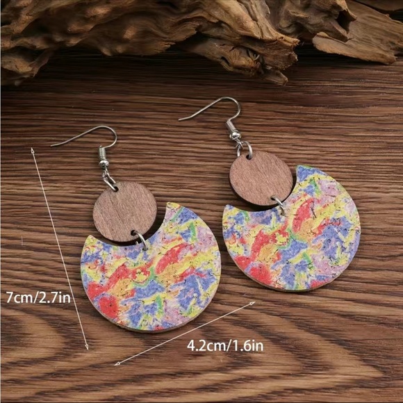 Wooden and Leather Geometric Drop Style Earrings - Picture 6 of 6
